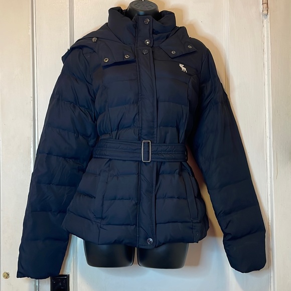 Abercrombie & Fitch Navy Blue Belted Hooded Down Puffer Jacket Size L - Picture 1 of 16
